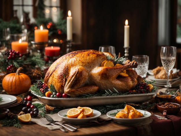 Gebakken kalkoen op een feestelijk geserveerde tafel Feestelijk diner ter ere van Thanksgiving Day