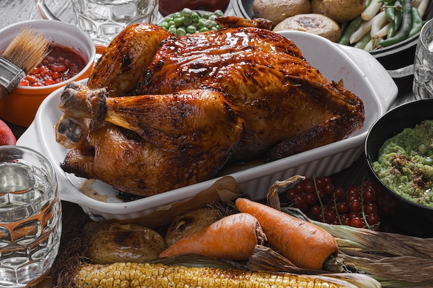 Gebakken kip en gebakken maïs. familie eettafel. gebakken kip en groenten met glazen cider. heerlijk rustiek diner