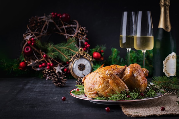 Gebakken kip of kalkoen. De kersttafel wordt geserveerd met kalkoen, versierd met helder klatergoud. Gebakken kip, tafel. Kerstdiner. Tafel opstelling. Bovenaanzicht, boven