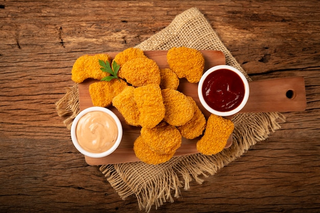 Gebakken kipnuggets met ketchp en rozensaus