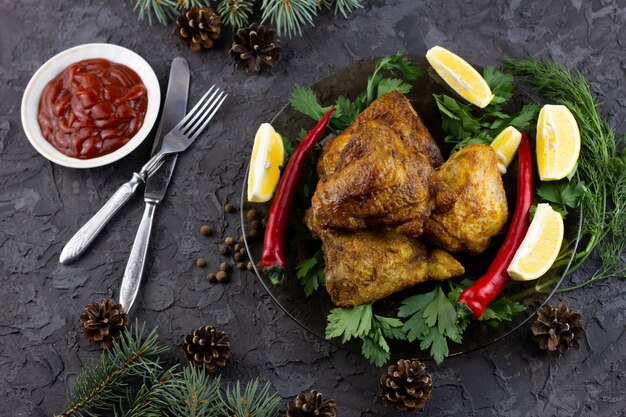 Gebakken kippendijen voor de vakantietafel. gekookte kippendijen voor nieuwjaarsvakanties, zelfgemaakt eten