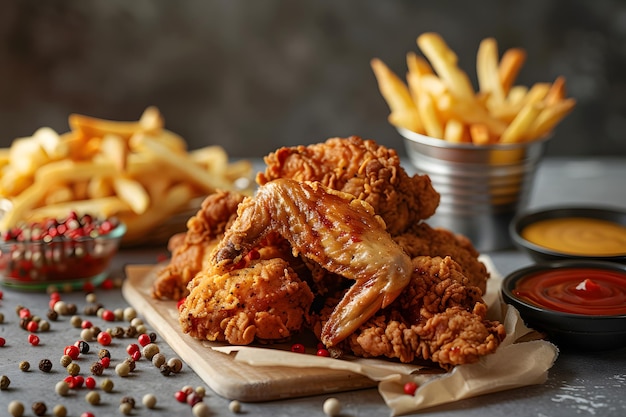 gebakken kippenpootjes met friet en saus op een houten achtergrond