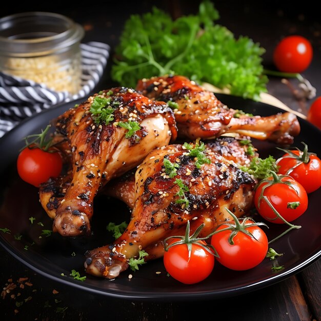 Gebakken kippenpootjes met tomaten en peterselie op een donkere achtergrond.