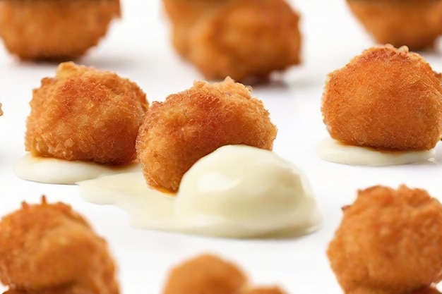 Gebakken kippenvleesballetjes met uitgestrekte mozzarella-kaas op een witte achtergrond