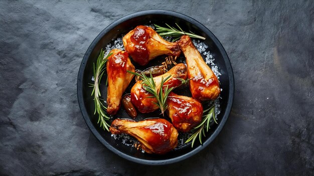 Gebakken kippenvleugels in barbecue saus met peperzaad rosmarijn zout in een zwarte stenen bord op