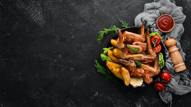 Gebakken kippenvleugels met aardappelen en groenten op een zwarte achtergrond Vlees Bovenaanzicht Gratis kopieerruimte