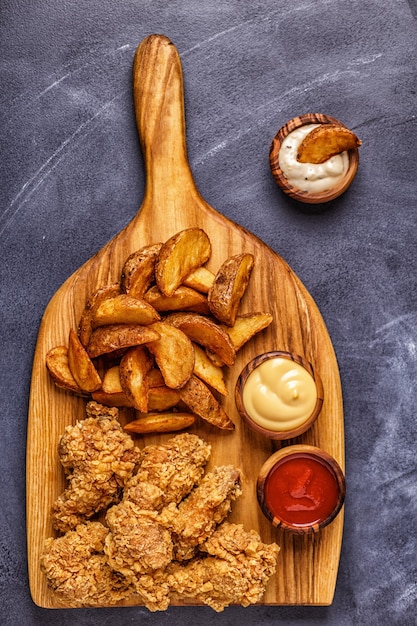 Gebakken kippenvleugels met gebakken aardappelschijfjes