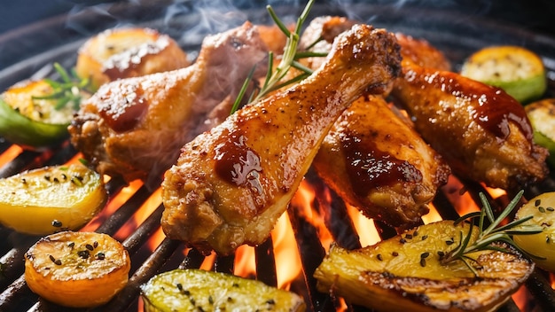 Gebakken kippenvleugels op de brandende grill met gebakken groenten in barbecue saus met peper se