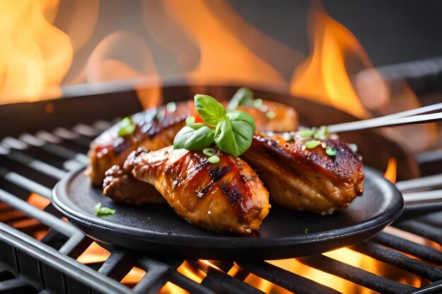 Foto gebakken kippenvleugels op de vlammen grill met gebakken groenten in barbecue saus met peper