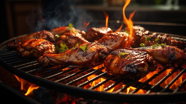 Gebakken kippenvleugels op een barbecue grill met vlammen en rook