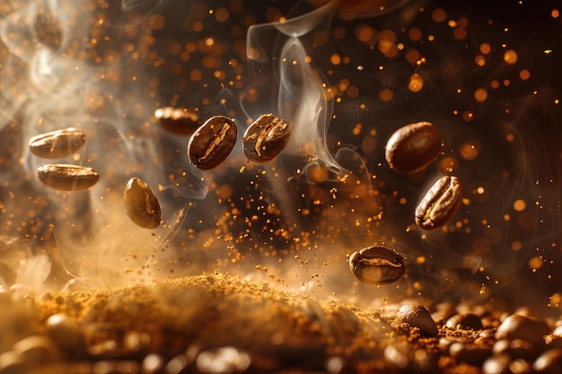 Gebakken koffiebonen vliegen in de lucht met rook op een donkere achtergrond