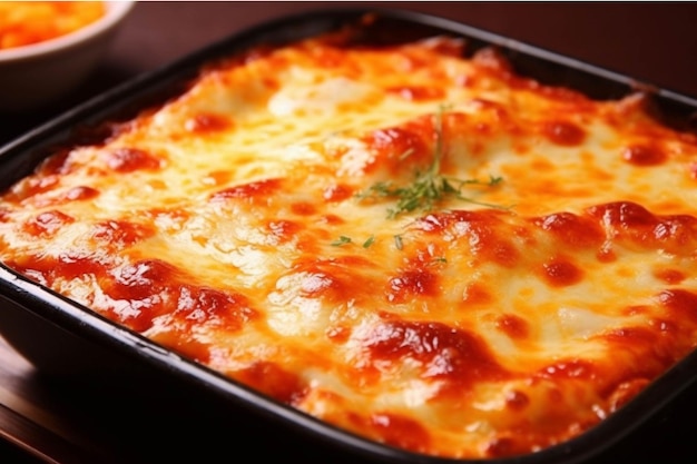 Gebakken lasagne met kaas en tomatensaus in een bakplaat