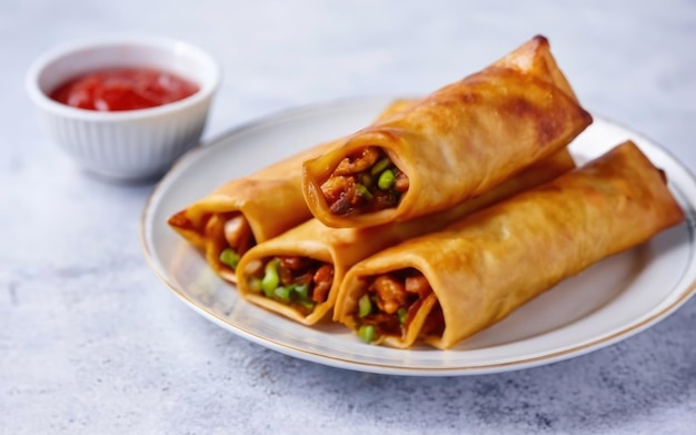 gebakken lumpia op een bord in een witte tafel