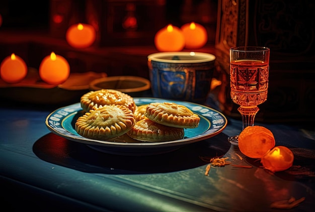 gebakken maankoekjes onder een tafel in de stijl van kodak aerochrome