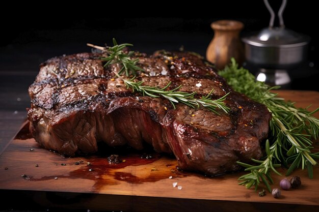 Gebakken marmeren rundvleessteak op een houten bord met rozemarijn en specerijen Generatieve AI