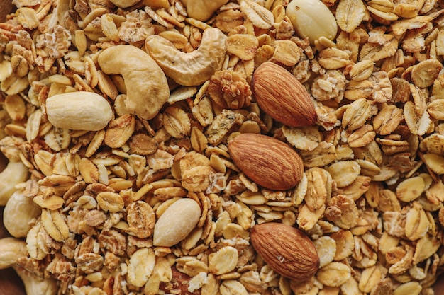 Gebakken muesliclose-up Achtergrond van Muesli Nuttig ontbijt