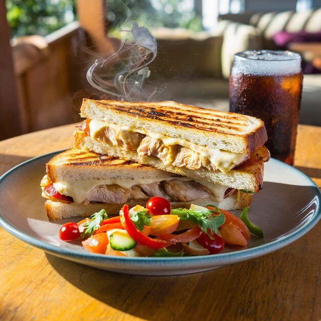 Gebakken panini-sandwich met kip en kaas geserveerd met groentensalade en frisdrank