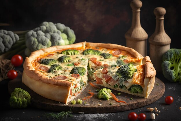 Gebakken quiche met zalm en broccoliillustratie Generatieve AI