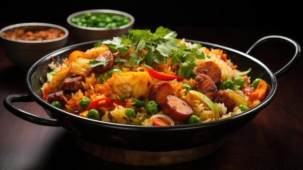 gebakken rijst gegarneerd met garnalen en groenten op een bord met een onscherpe achtergrond