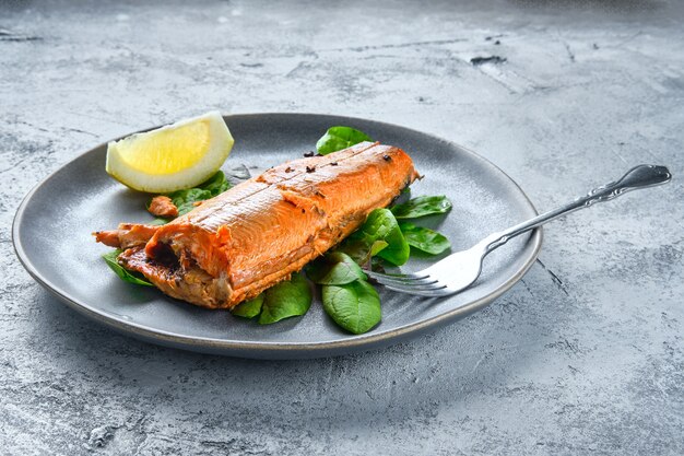 Gebakken rode zalm op de plaat met salade