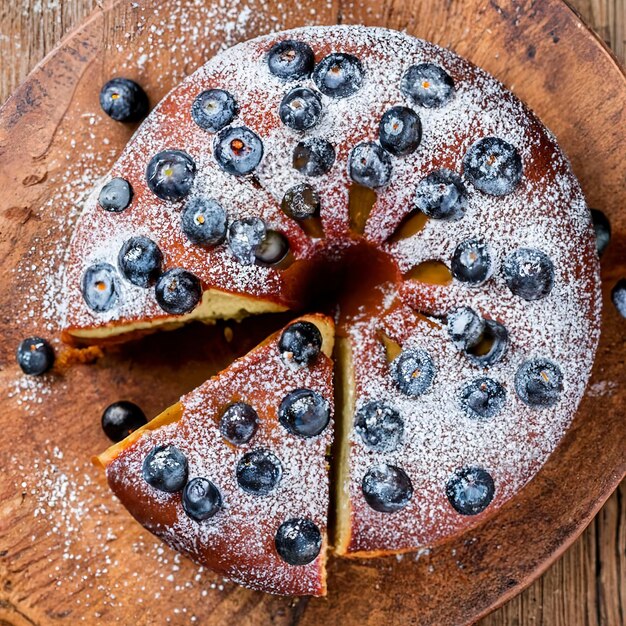 gebakken ronde zwarte bessencake en gepoederd met poedersuiker van dichtbij