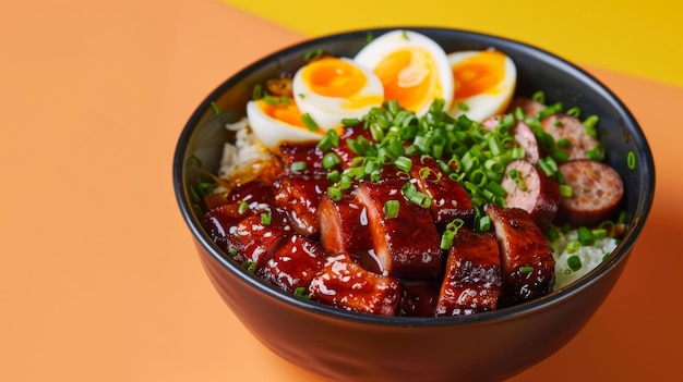 Gebakken rood varkensvlees in saus gekookte eieren Chinese worst op rijst in een zwarte kom op oranje achtergrond Aziatisch eten