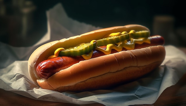 Gebakken rundvlees hotdog op broodje met ketchup en ui gegenereerd door kunstmatige intelligentie