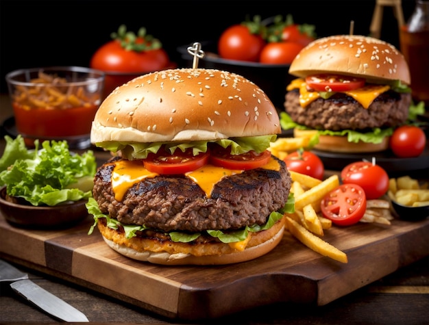Gebakken rundvleesburger met friet, cheeseburger en tomaten gegenereerd door AI