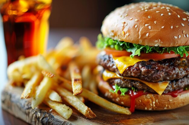 Foto gebakken rundvleesburger met kaas, tomaten en friet