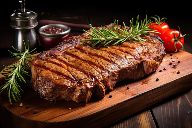 Foto gebakken rundvleessteak met rozemarijn en tomaten op een houten plank