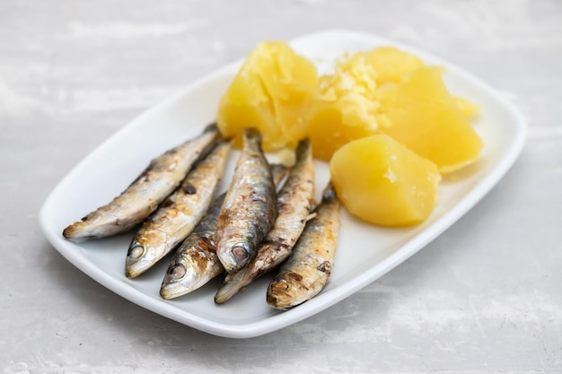 Gebakken sardines met gekookte aardappel op witte schotel