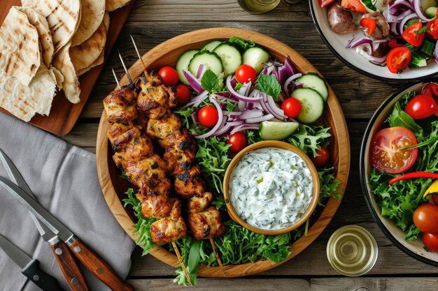 Gebakken souvlaki Griekse salade en tzatziki op houten tafel