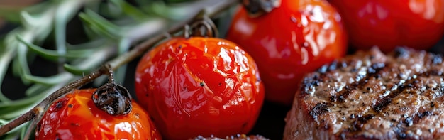 Gebakken steak met tomaten en rozemarijn op een zwarte achtergrond.