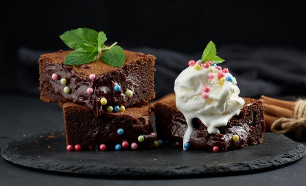 Gebakken stukjes chocolade brownie taart op een zwarte tafel bovenop een bolletje ijs