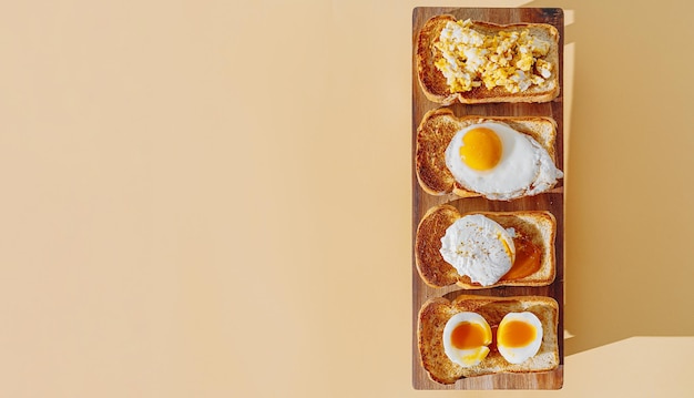 Gebakken Toast brood met vier verschillende soorten gekookte kippeneieren roerei gebakken eieren gepocheerd ei en geroomd ei Ontbijt van kippeneieren