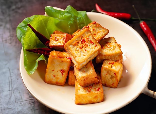 gebakken tofu met chili plakjes