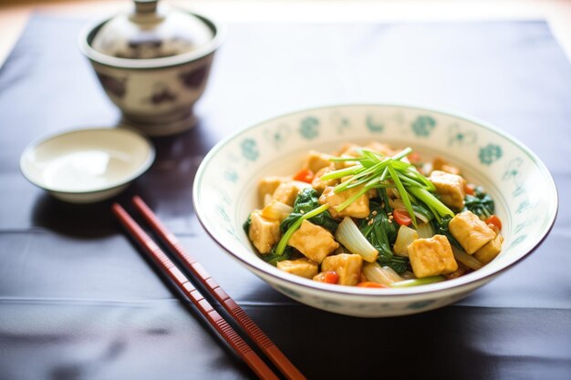 Foto gebakken tofu met gesneden uien en sesamolie