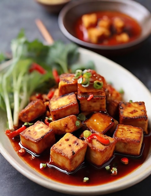 gebakken tofu met hete pittige saus in een witte plaat