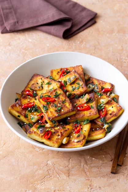 Gebakken tofu met paprika's knoflook en kruiden Vegetarisch eten Gezond eten dieet