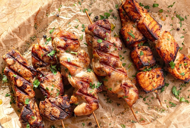 Gebakken vlees op houten spiesenSmakelijke kebabs in pruimensaus