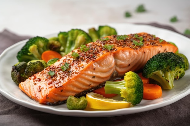 Gebakken zalmfilet met een veggie mix van broccoli en witte fond