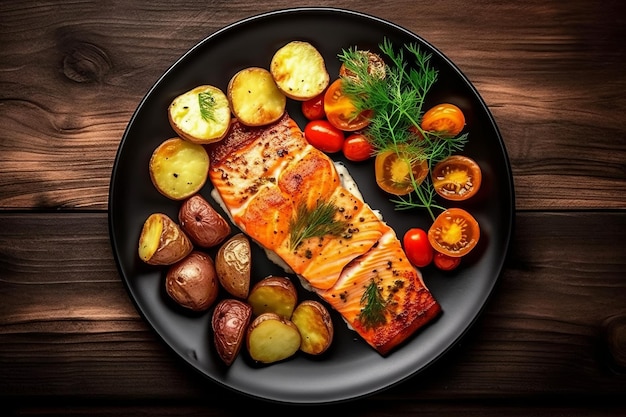 Gebakken zalmsteak met aardappelen en groenten op houten tafelblad bekijken