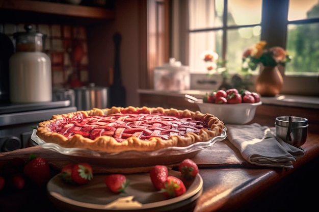 Gebakken zelfgemaakte aardbeientaart op rustieke houten tafel keuken achtergrond AI genereerde selectieve focus