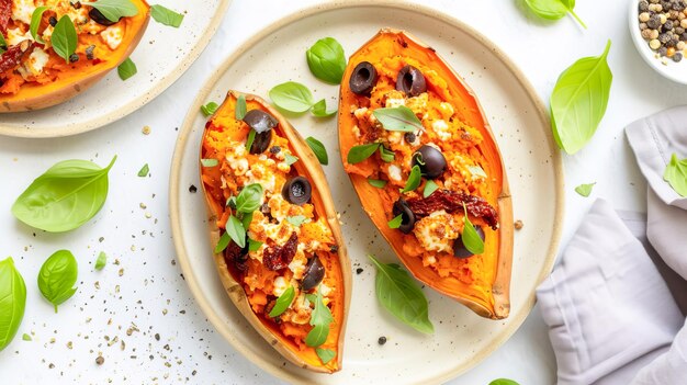 Gebakken zoete aardappelen met feta kaas olijven zondgedroogde tomaten AI gegenereerd