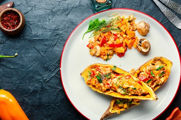 Gebakken zoete aardappelen met paprika, quinoa en champignons. Vegetarisch eten