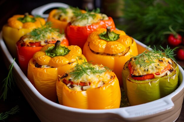 Foto gebakken zoete paprika's gevuld met kip of kalkoen