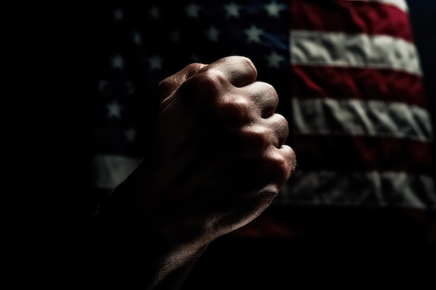 Gebalde vuist van een man op de achtergrond van de vlag van Amerika AI