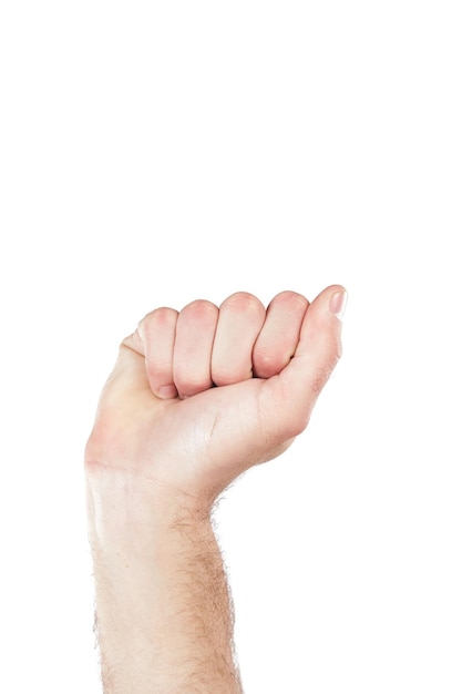 Gebarentaal vuist en hand van een persoon voor communicatie geïsoleerd op een witte achtergrond in een studio Zoom countdown en vingers van een persoon om getallen te tonen met een handgebaar op een achtergrond