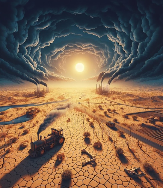 Gebarsten aarde droge bodem woestijnglobale opwarming roestige tractor dode dierlijke botten droogte vervuiling
