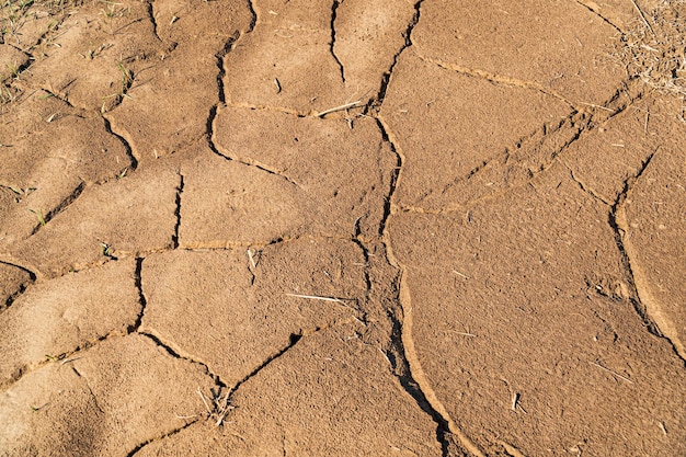 Gebarsten droge aarde Droog veld en gebarsten aarde Een slechte oogst een droogte